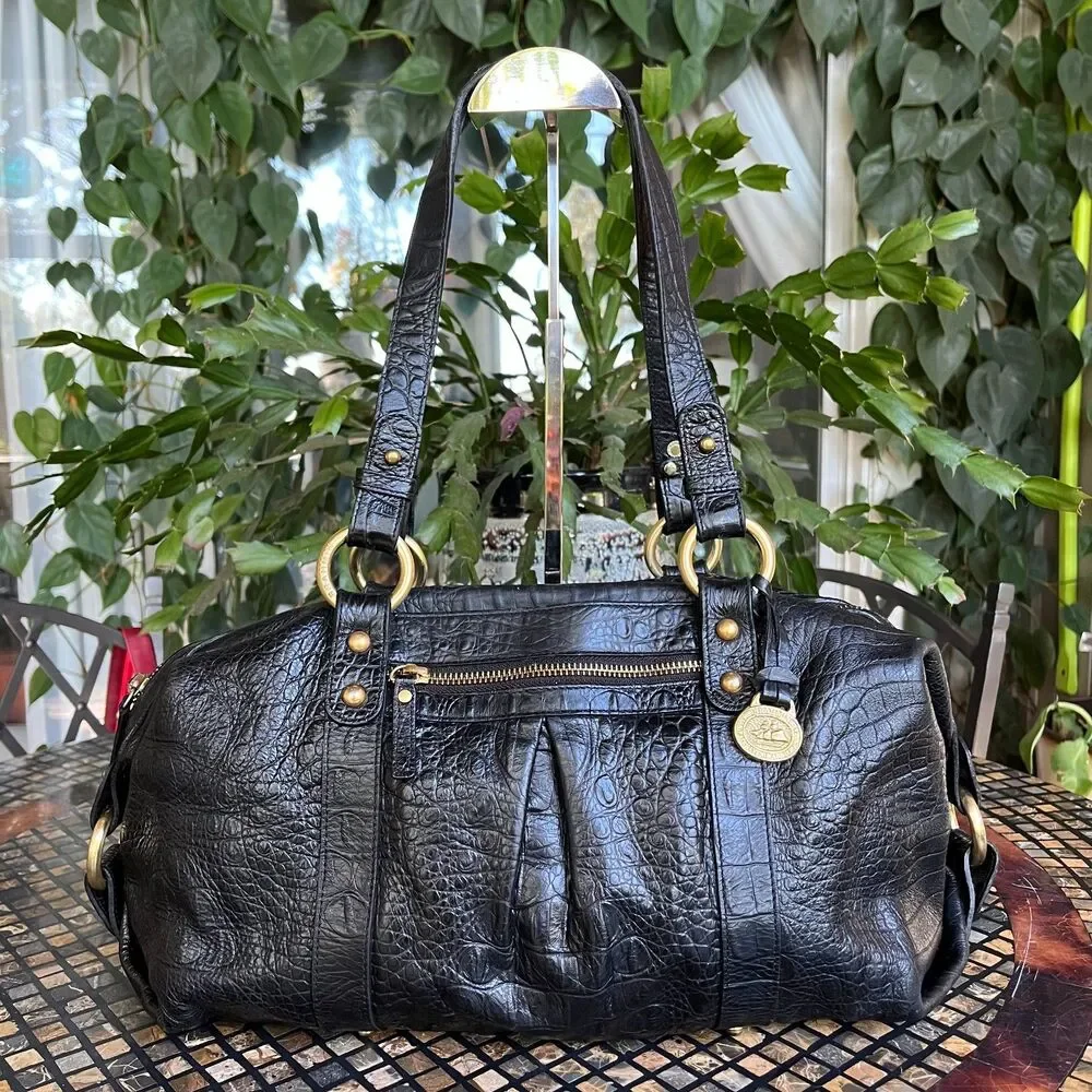 Brahmin Womens Croc-Embossed Melbourne Black Satchel Vintage Bag w/Eye